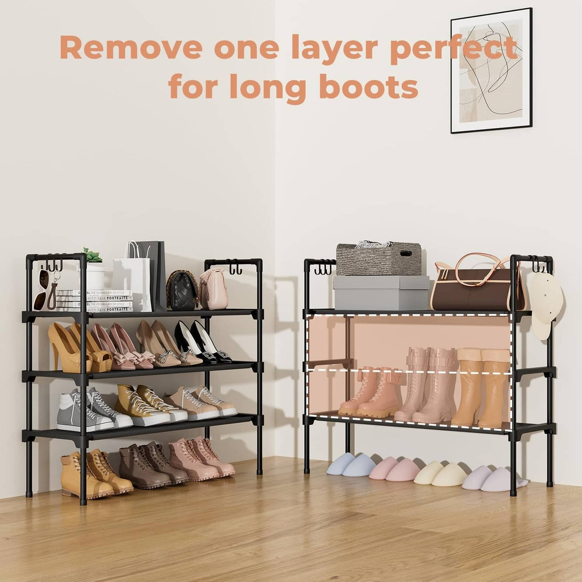 Black 3-tier shoe rack arranged to fit long boots by removing one shelf layer
