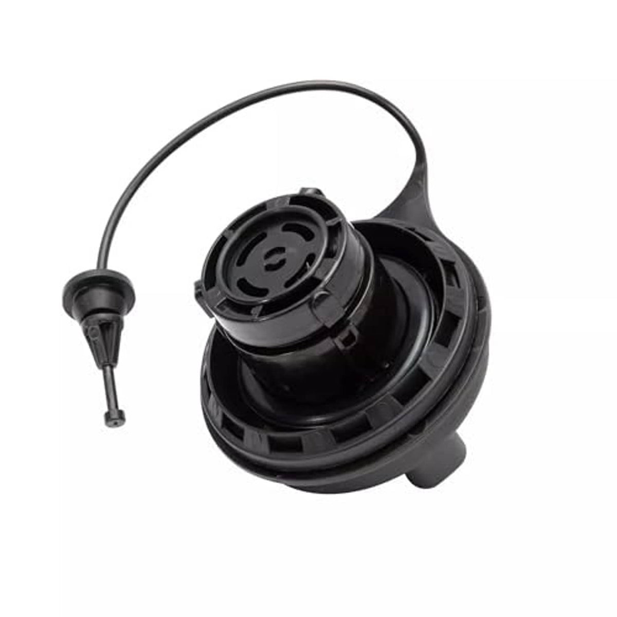 Underside view of black fuel tank filler gas cap with vent hose