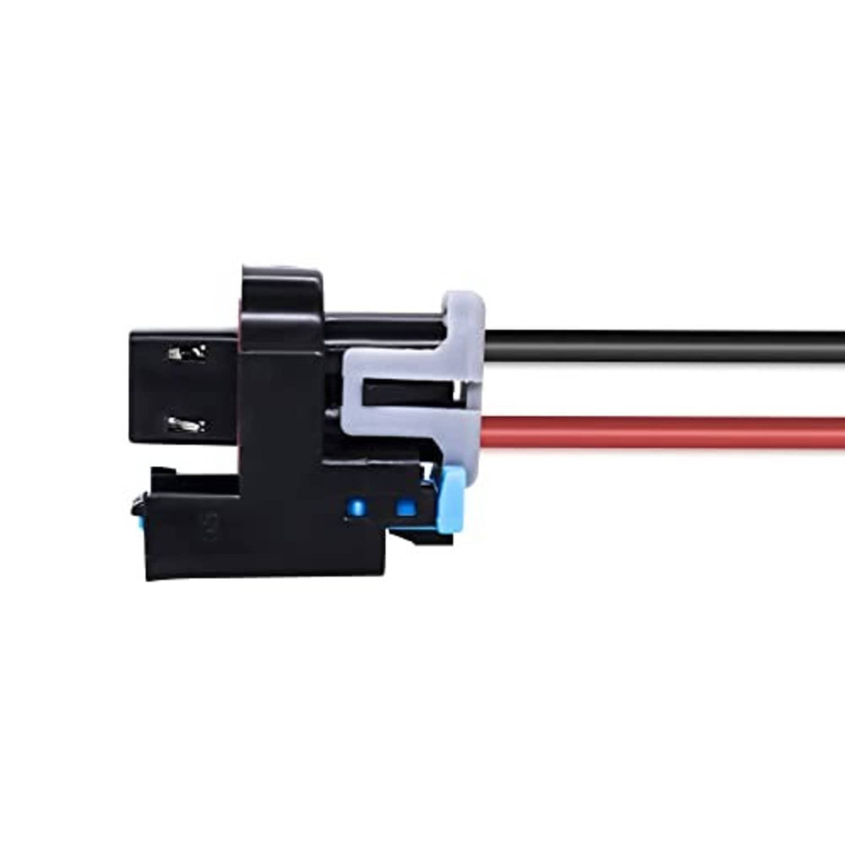 Fuel injector connector pigtail with blue latch and red/black wire leads