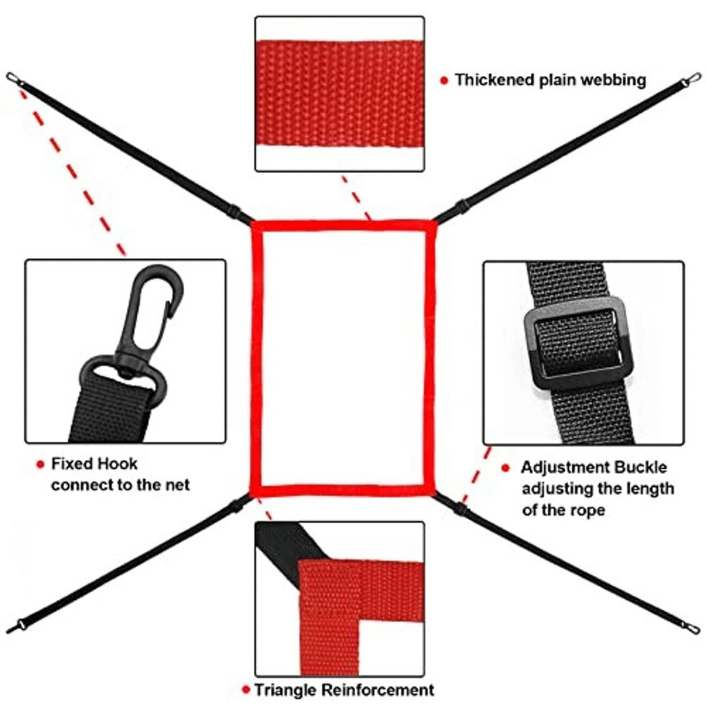 Red target net with thick webbing, black hook connectors, and adjustment buckle