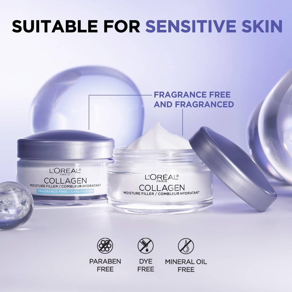L’Oreal Collagen moisturizer set, shown as jars and small travel jar