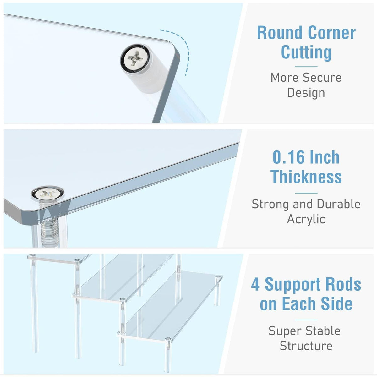 Clear acrylic 3-tier riser stand with rounded corners and thick, sturdy shelves