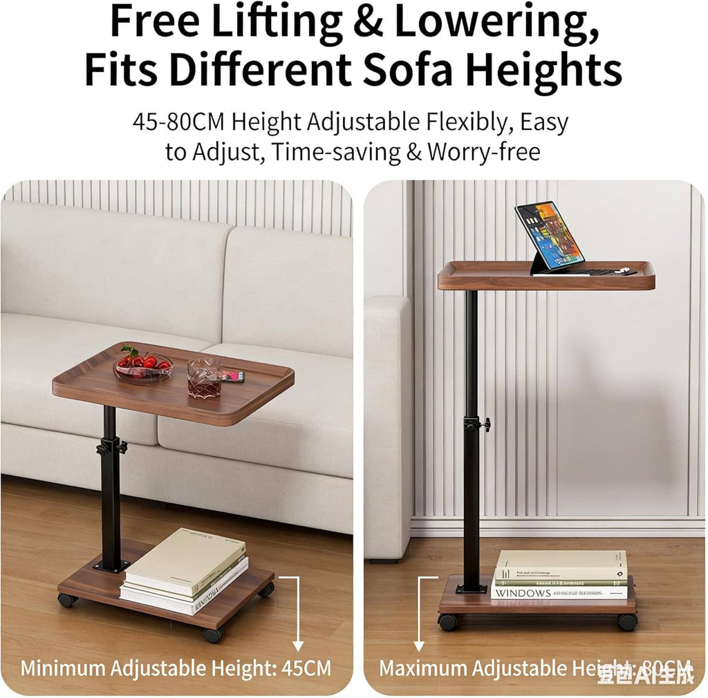 Height-adjustable side table with wood top and black stand shown at two levels