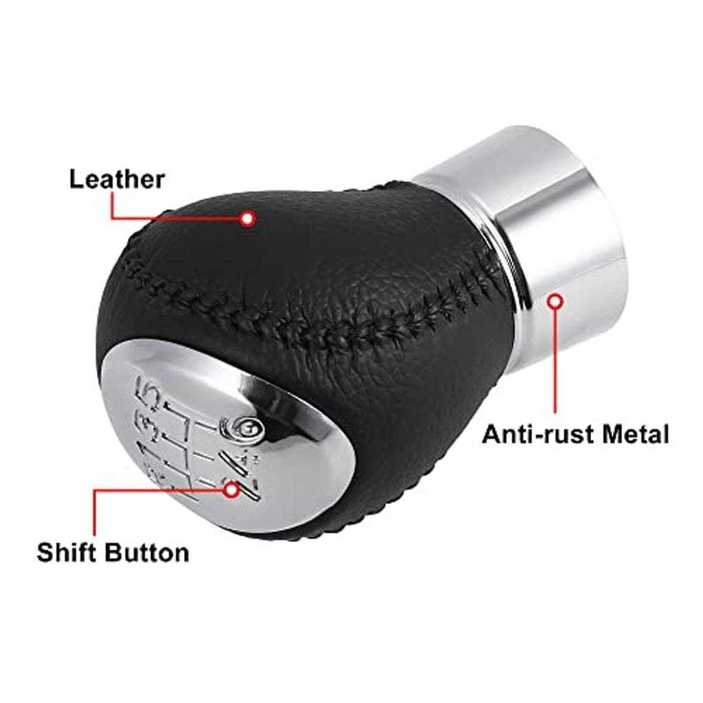 Black leather gear shift knob with silver metal base; anti-rust metal and shift button detail