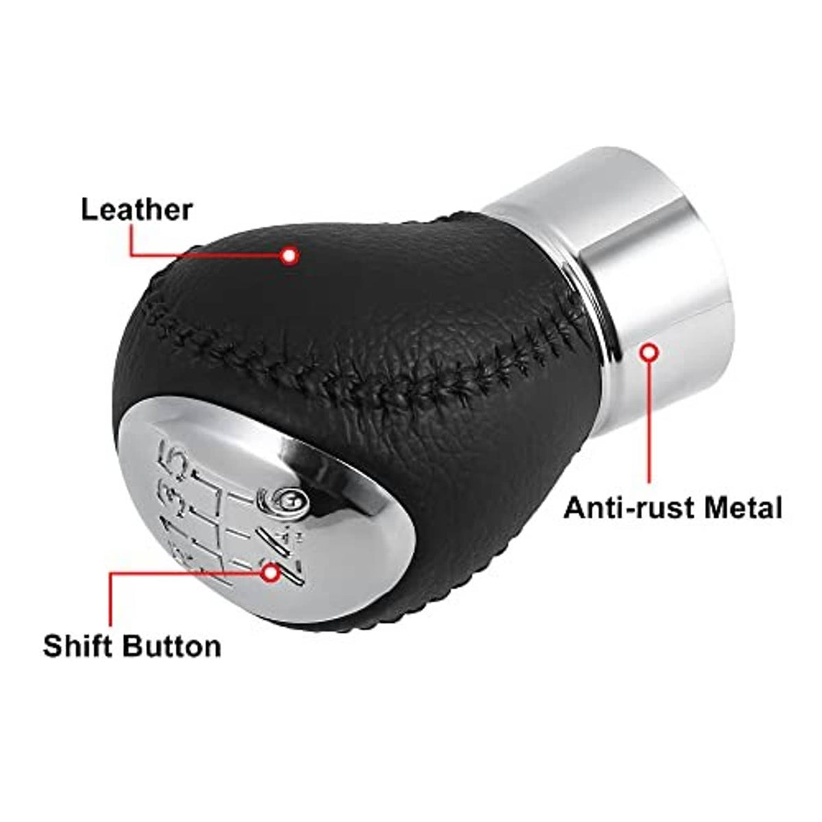 Black leather gear shift knob with silver metal base; anti-rust metal and shift button detail