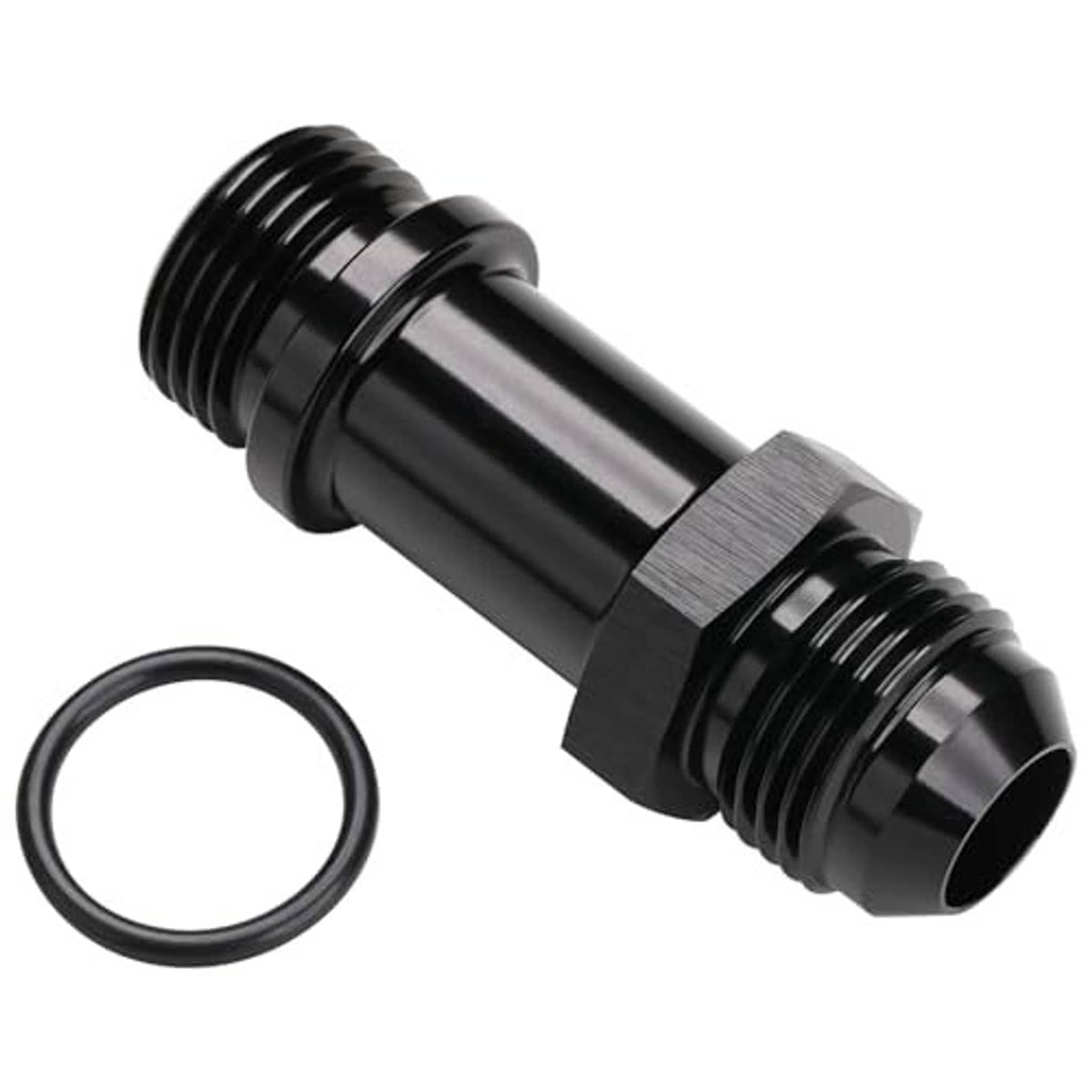 Black AN flare-to-ORB extension fitting, side view with O-ring