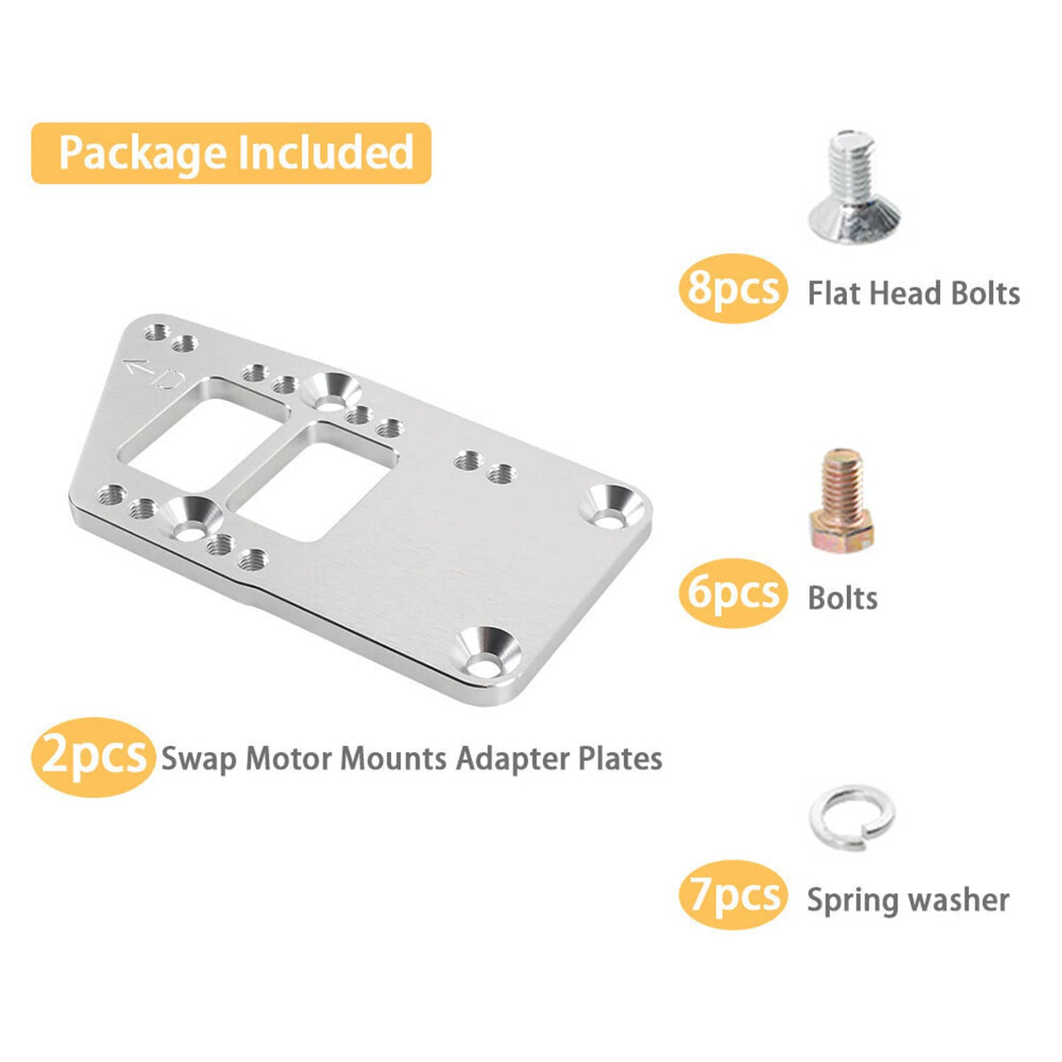 Engine motor mount adapter plate set with flat head bolts and spring washers shown