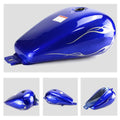 Blue motorcycle fuel tank with flame decals and round gas cap opening