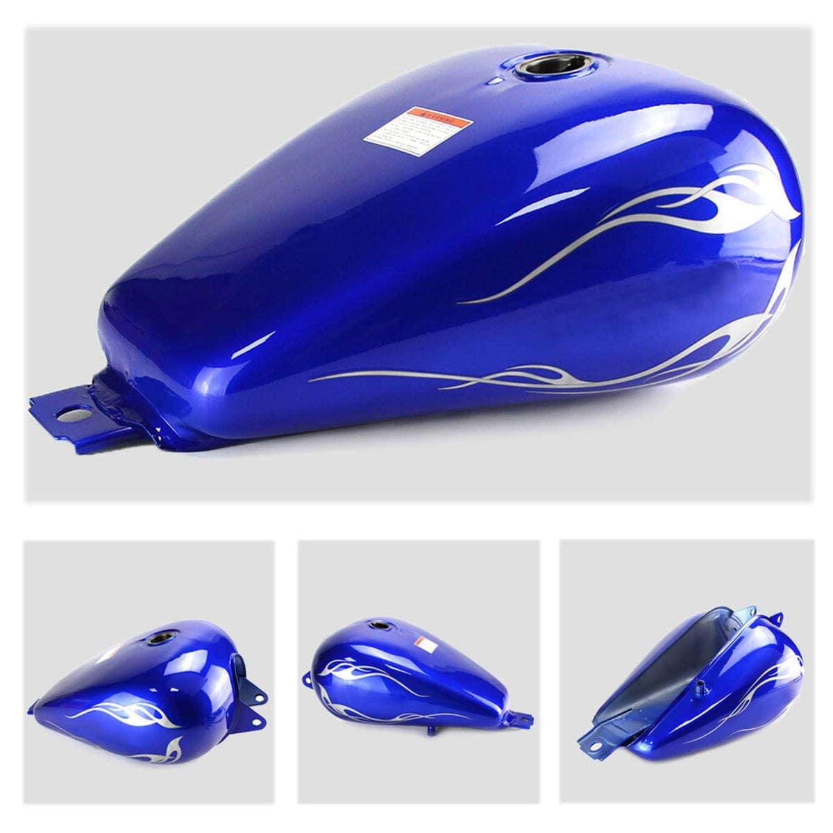 Blue motorcycle fuel tank with flame decals and round gas cap opening