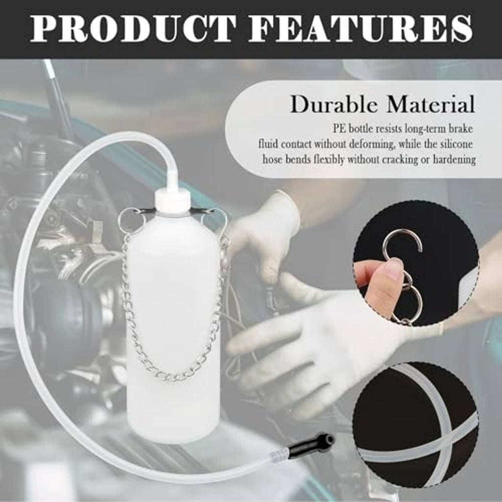 Brake bleeder bottle kit with white bottle, metal chain, and hand holding a connector ring.