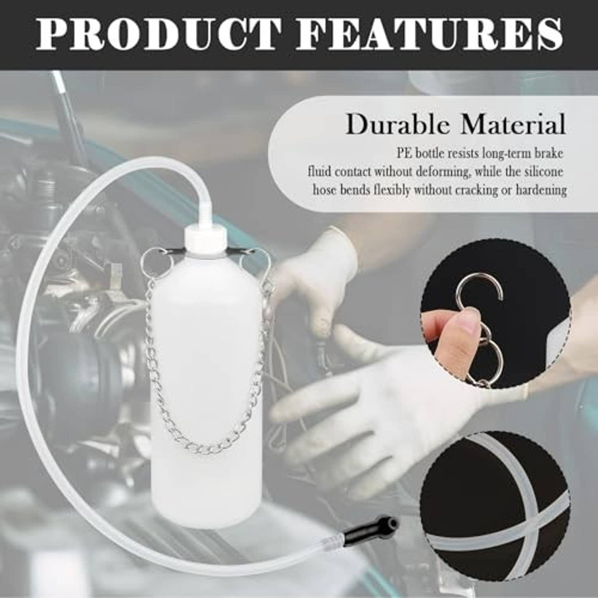 Brake bleeder bottle kit with white bottle, metal chain, and hand holding a connector ring.
