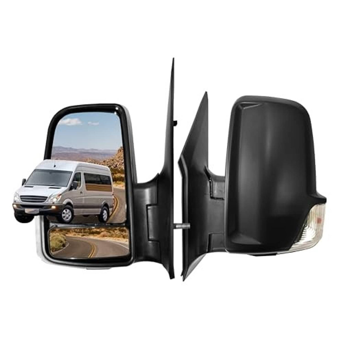 Left side mirror assembly with black housing and clear indicator lens, three-piece view