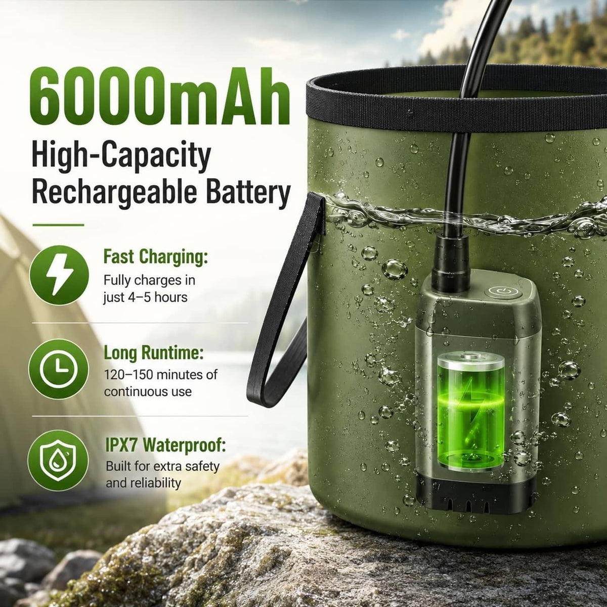 Portable camping shower pump with green bucket tank and hose, grey body