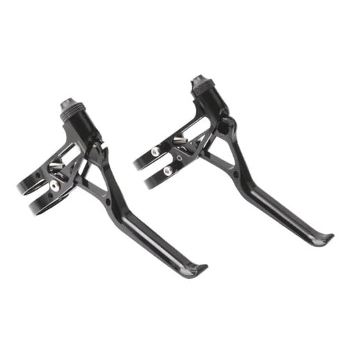 Pair of black bicycle brake levers with adjustable clamp and extended lever arms