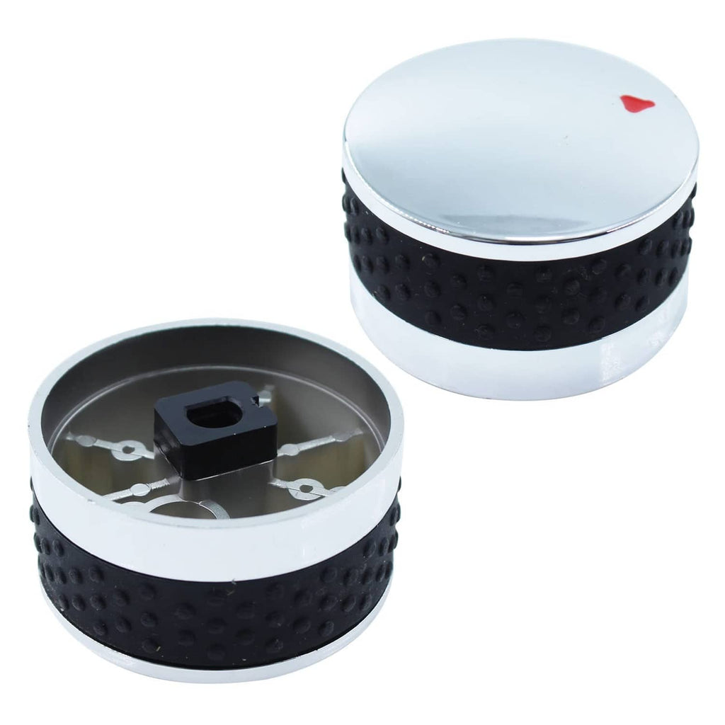 Propane control knob set with one open underside showing metal links and mounting hole