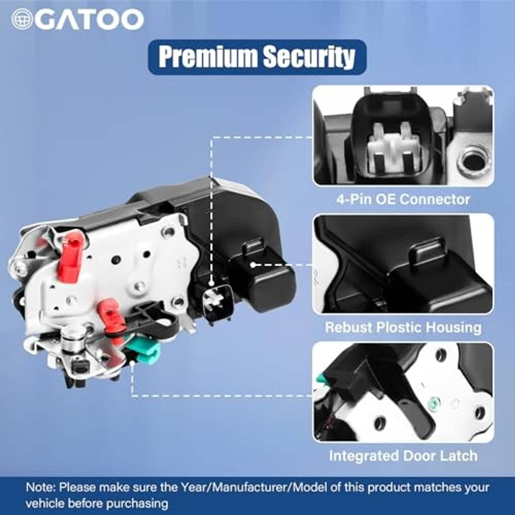 Door lock actuator with 4-pin OE connector, black housing, and integrated door latch