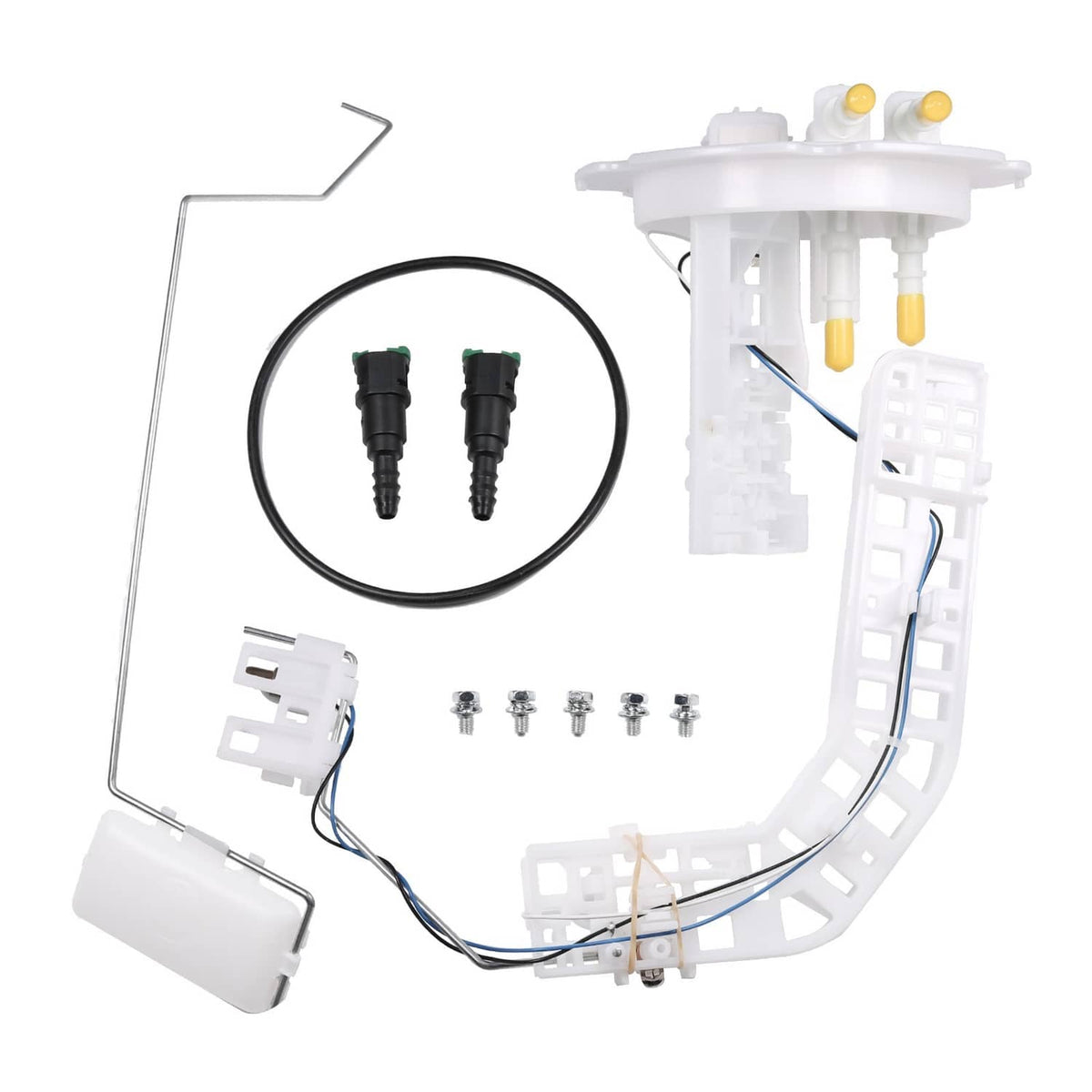 Fuel level sending unit sensor with wiring harness, two connectors, and mounting hardware