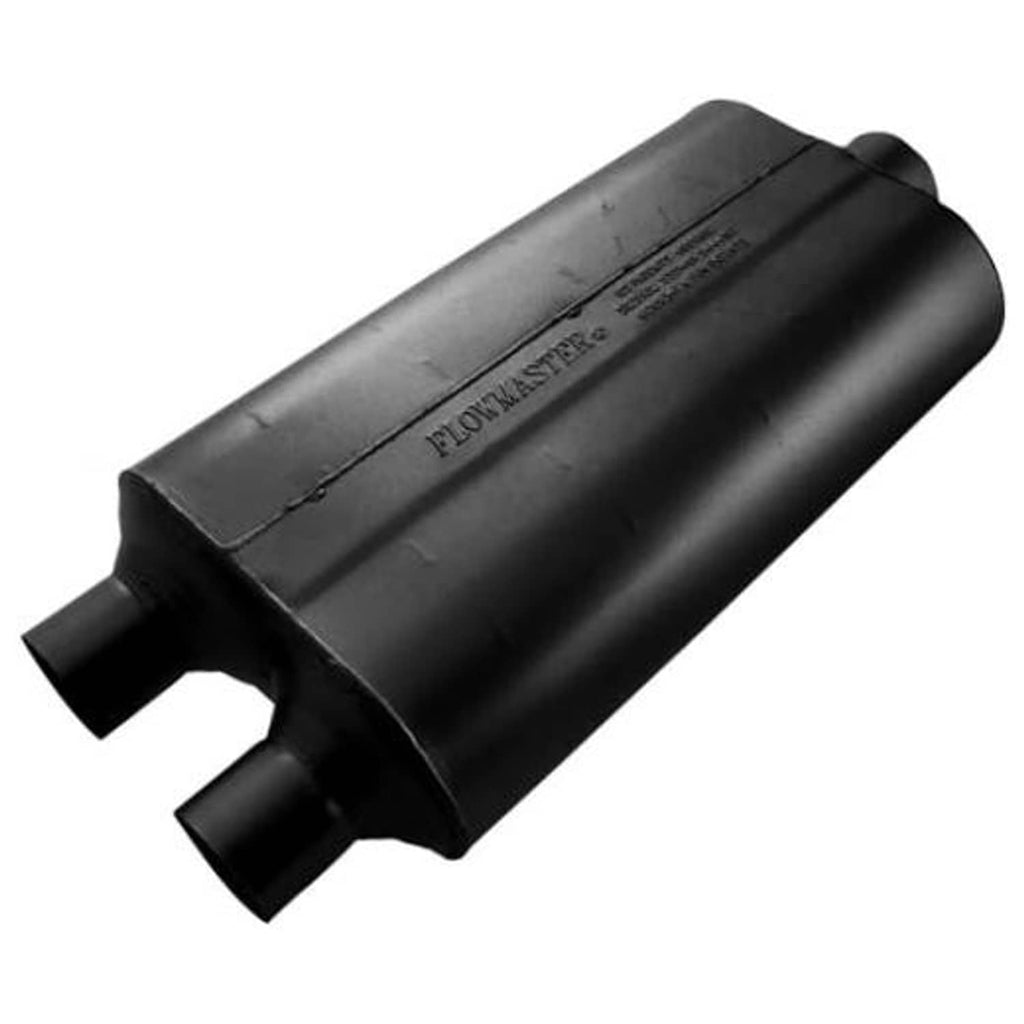 Flowmaster Super 50 muffler, black steel body with dual outlet pipes