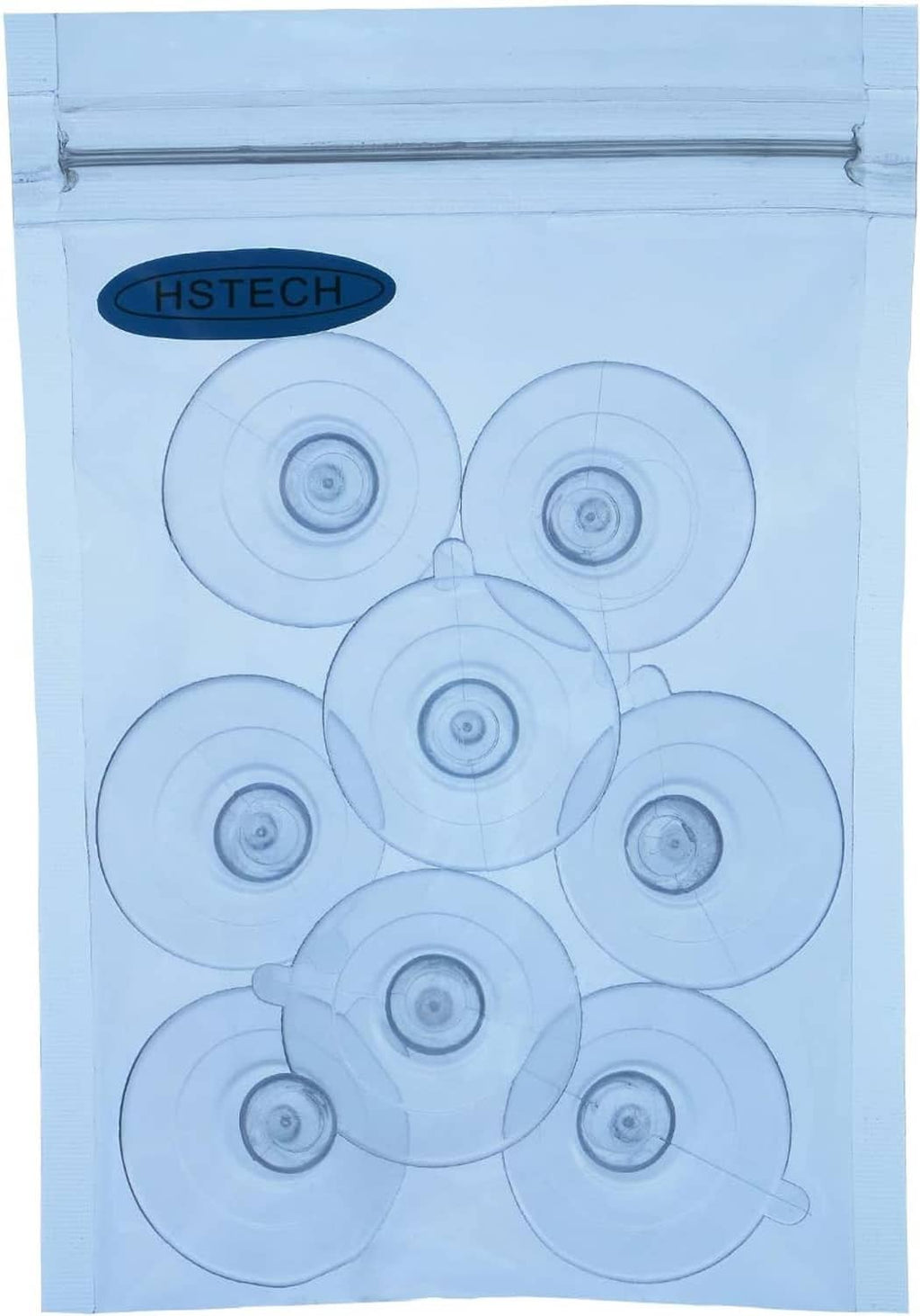 Bag of clear suction cups with HSTECH logo; multiple cups visible in plastic