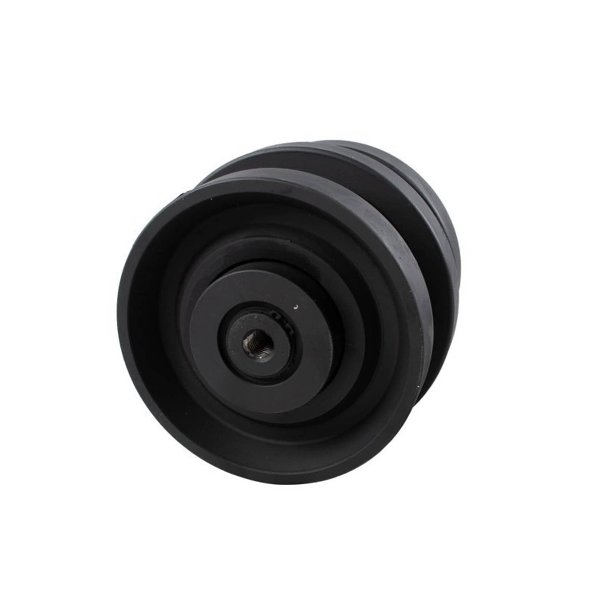 Black end view of bottom roller with circular hub and concentric wheel rings