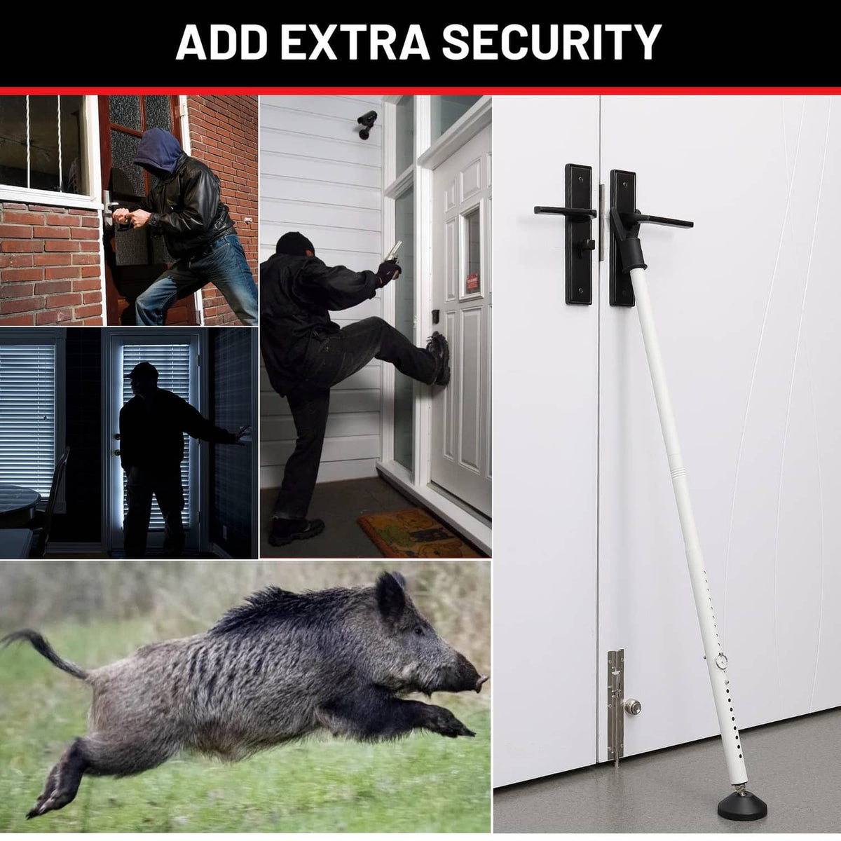 Door security bar security jammer with extended white shaft and black base against door