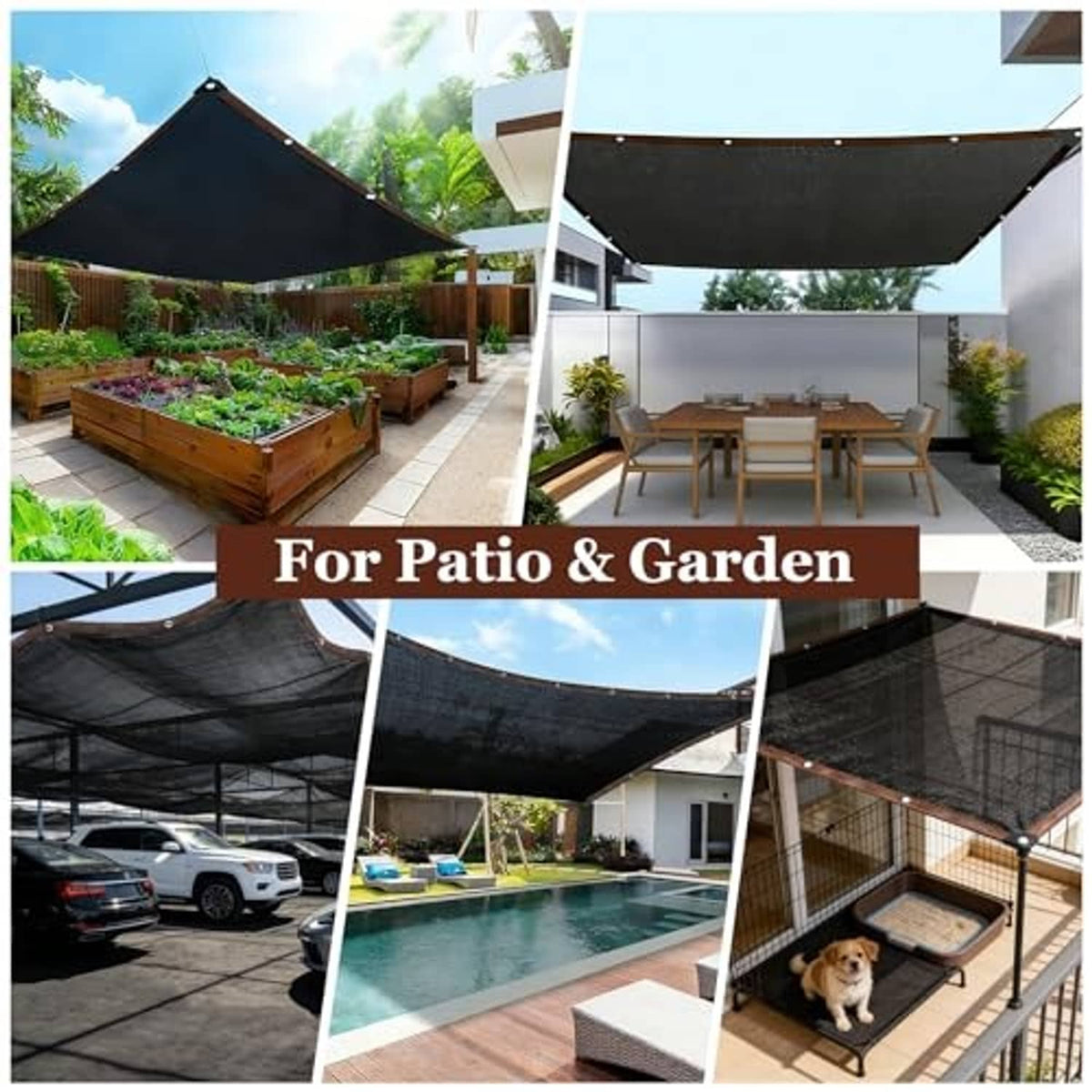 Black shade cloth covers for patio, garden, and outdoor animal and pool areas