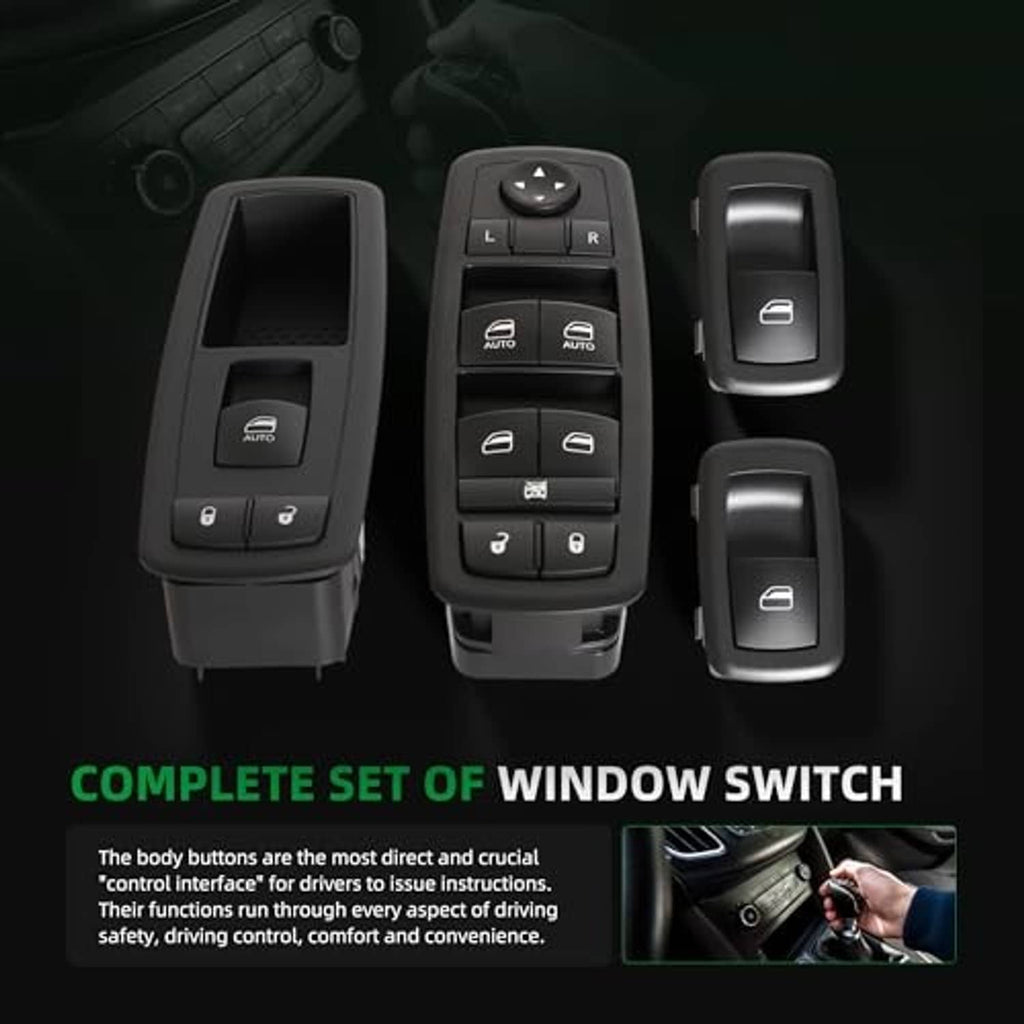 Complete set of black window switch controls with master panel and individual switches