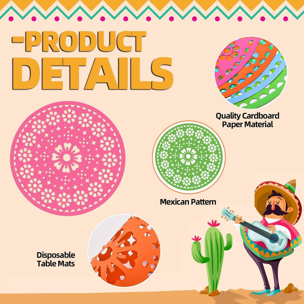 Round Mexican pattern paper place mats in pink, orange, green, and teal circles