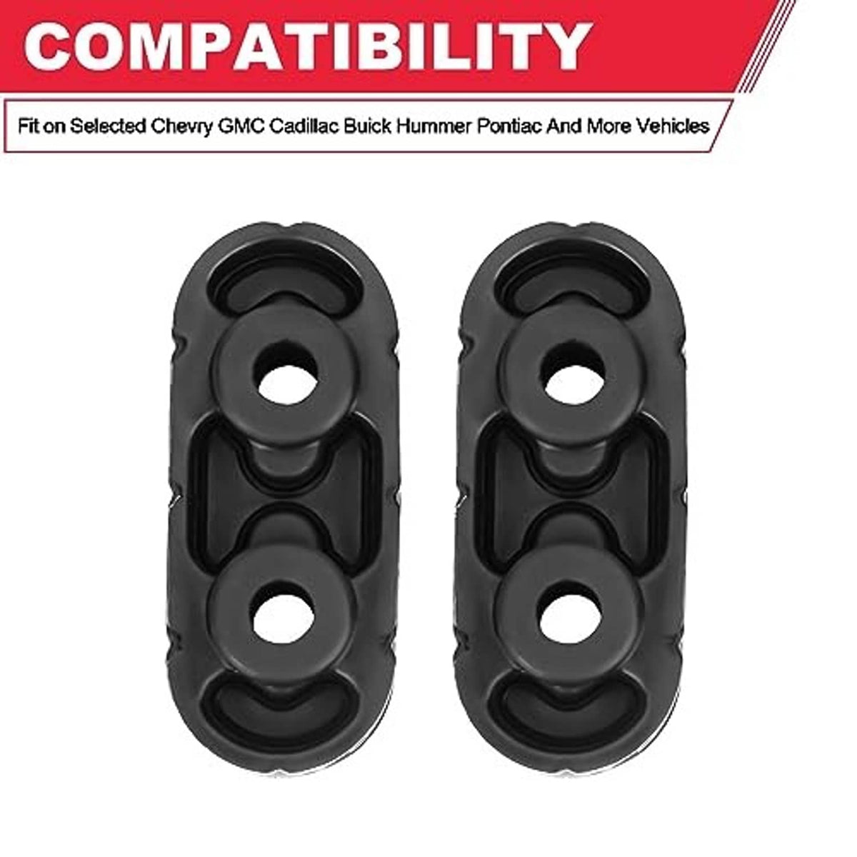 Pair of black exhaust muffler hanger insulators, each with two circular openings