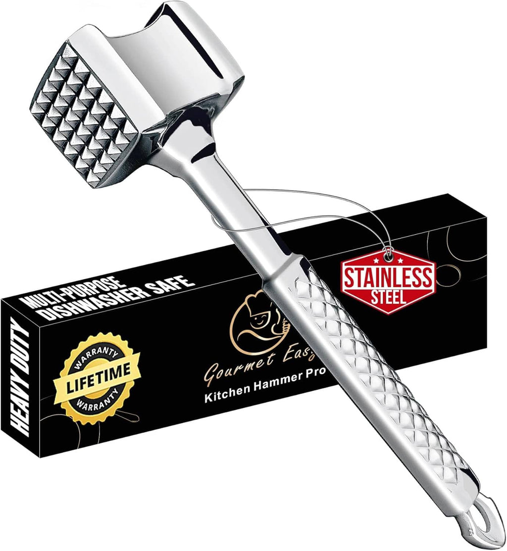 Stainless meat tenderizer tool with dual faces and textured striking block handle.