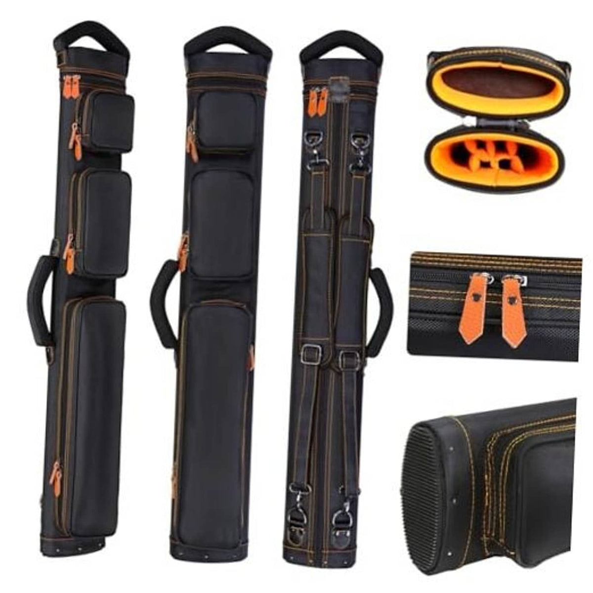 Nylon pool cue case, black with orange trim; holds 2 butts and 4 shafts