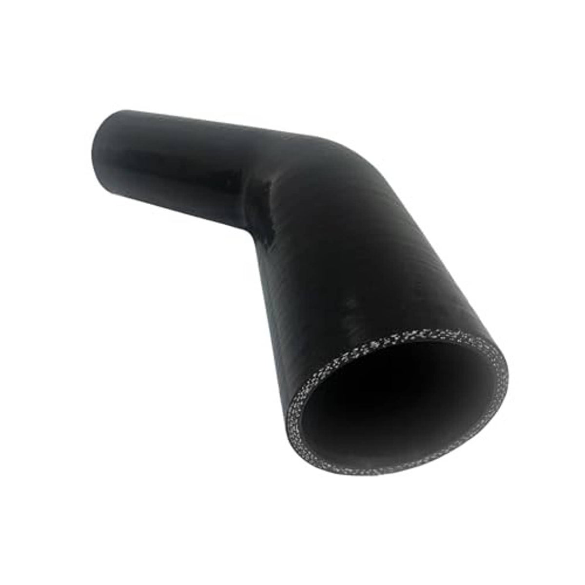Black 45-degree silicone hose elbow coupler with open end and textured reinforcement ring.