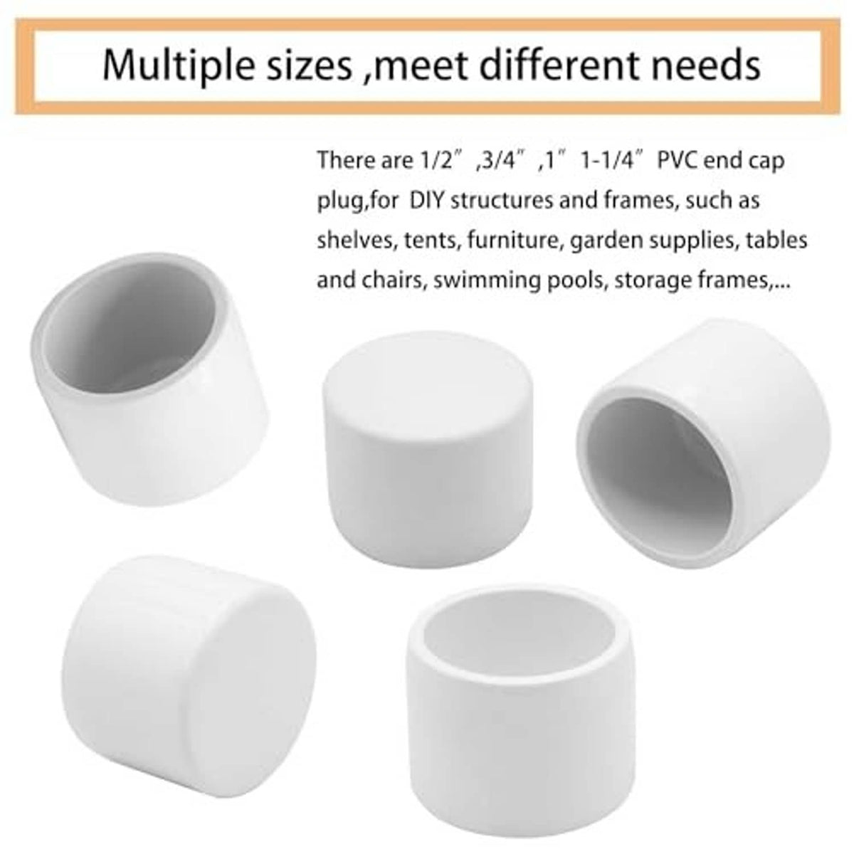 Mixed white PVC end cap sizes, rounded sockets with smooth molded surface