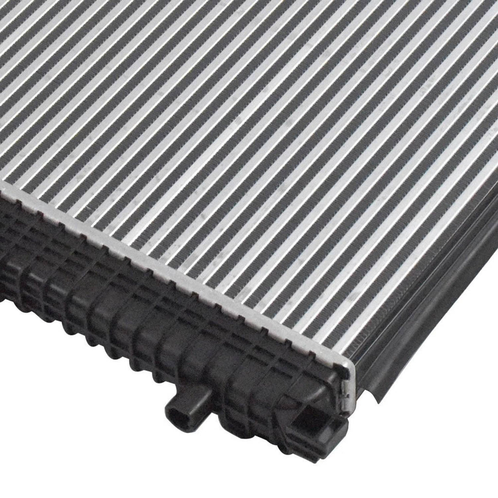 Turbo charge air intercooler end tank detail with black housing and silver fin edges