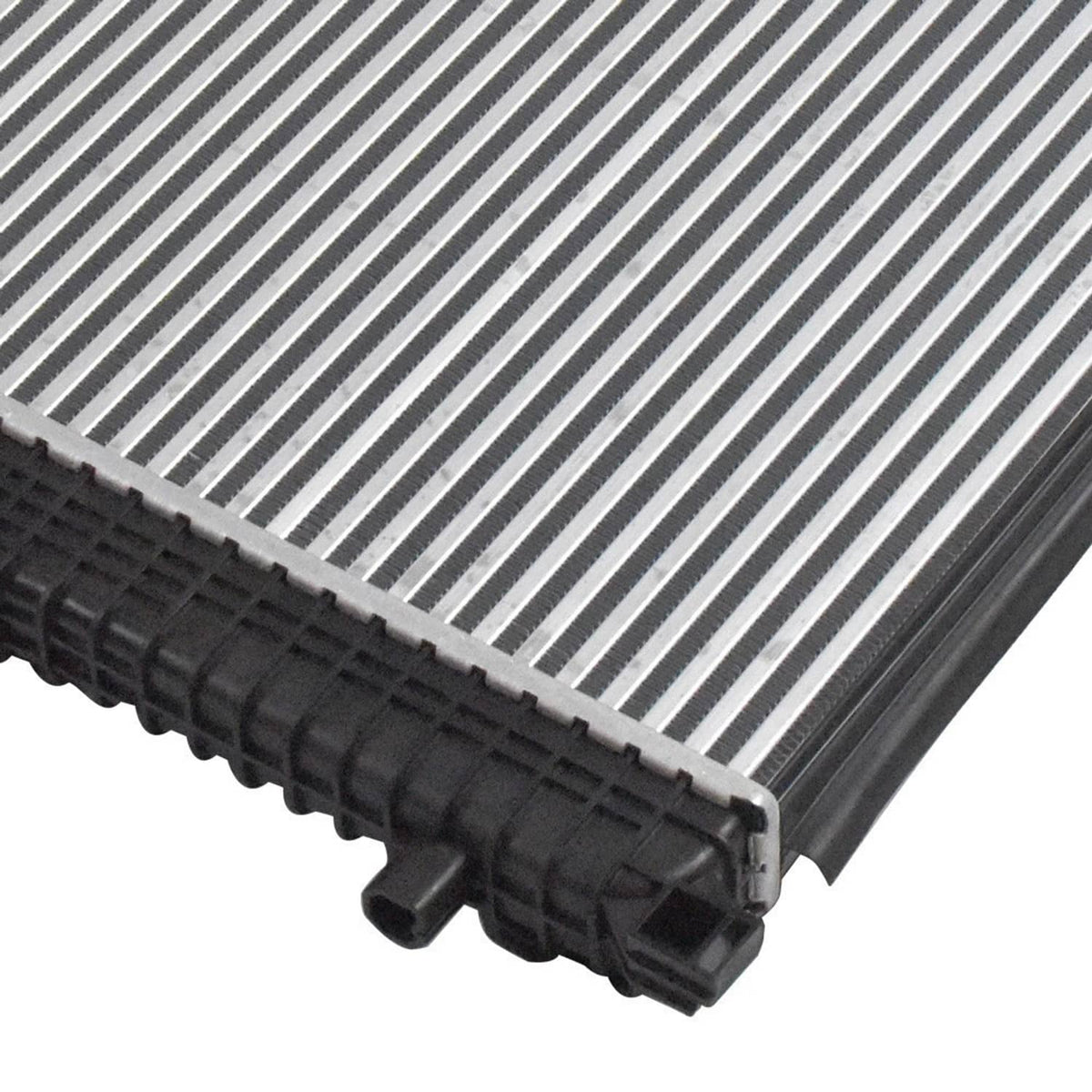 Turbo charge air intercooler end tank detail with black housing and silver fin edges