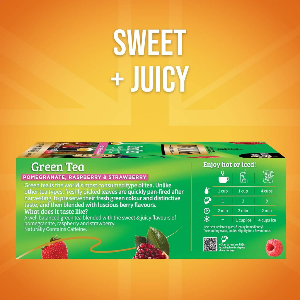 Green tea box side panel with berry flavour info and hot or iced serving