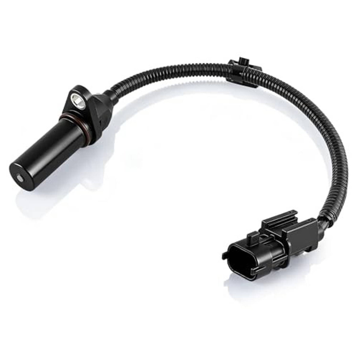 Crankshaft position sensor with black cable, cylindrical housing, and electrical plug