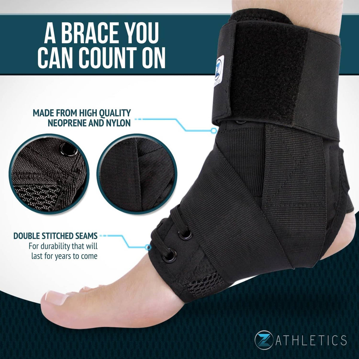 Black neoprene ankle brace with double-stitched support panel and lace-up