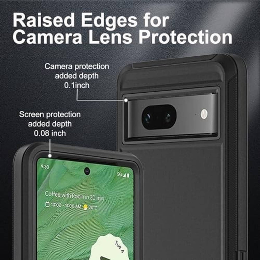Black rugged phone case with raised camera lens cover and front screen edge protection