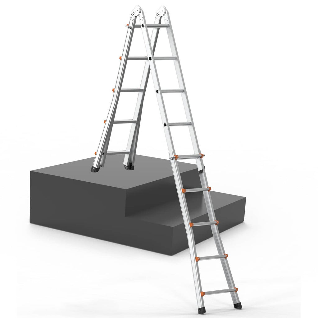 A-frame telescoping ladder on a platform, aluminum frame with orange rungs