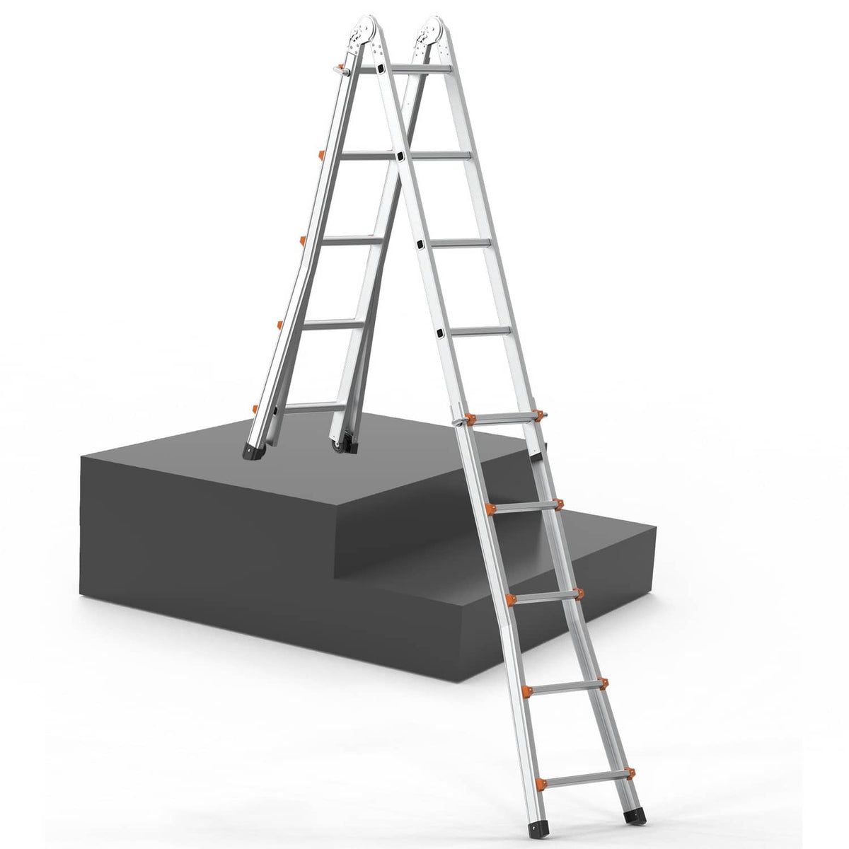 A-frame telescoping ladder on a platform, aluminum frame with orange rungs