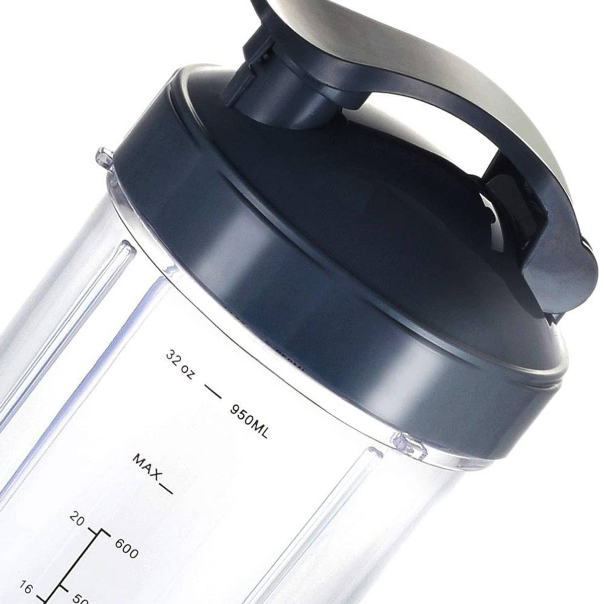 Angled close-up of black lid and clear 32 oz cup with max and 950 mL scale