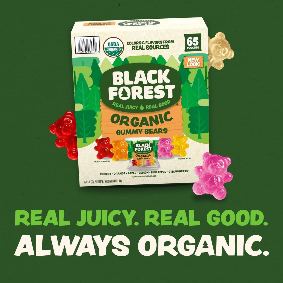 Organic gummy bears pouch box with red and pink gummy bear pieces