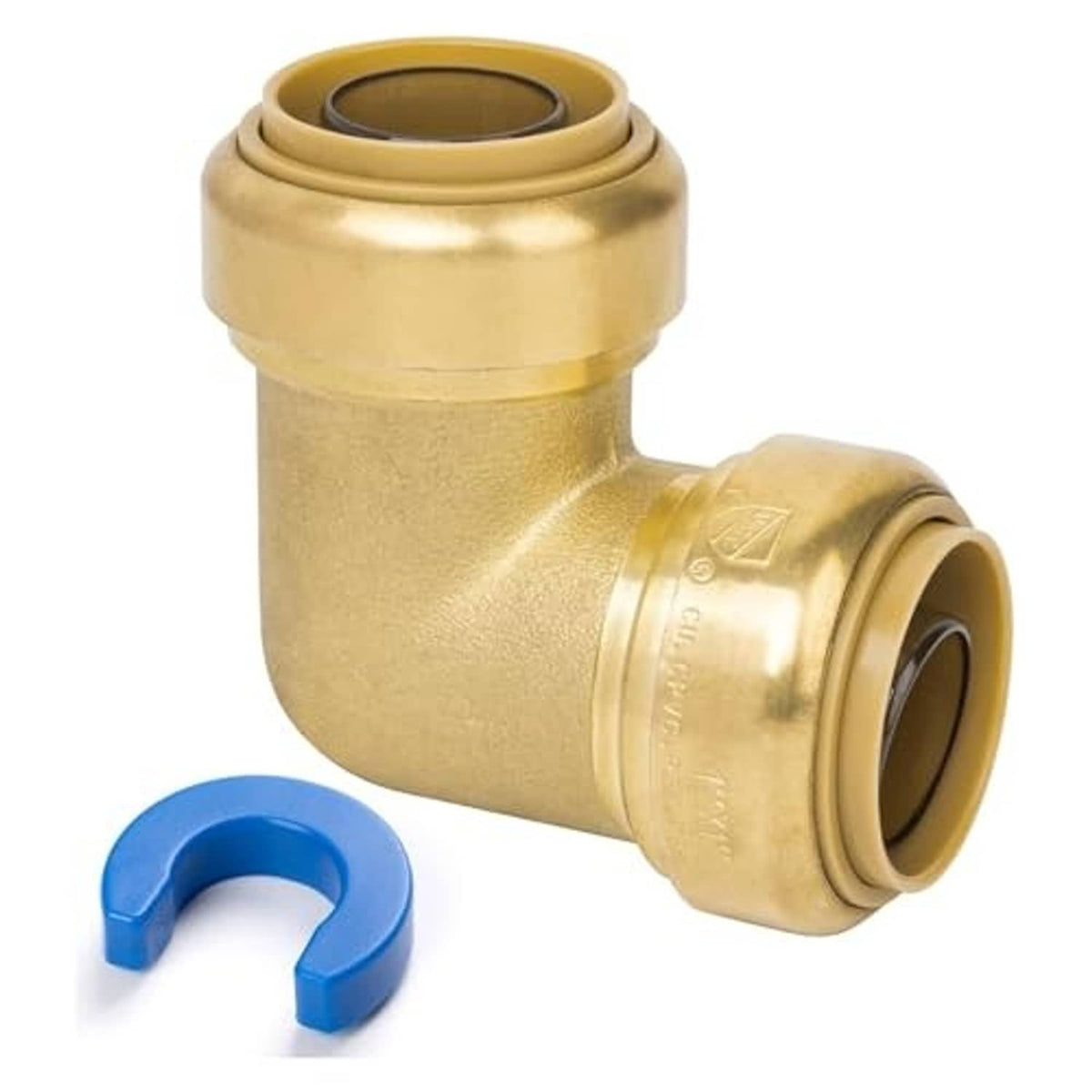 Brass 90-degree push-to-connect elbow fitting with blue release clip