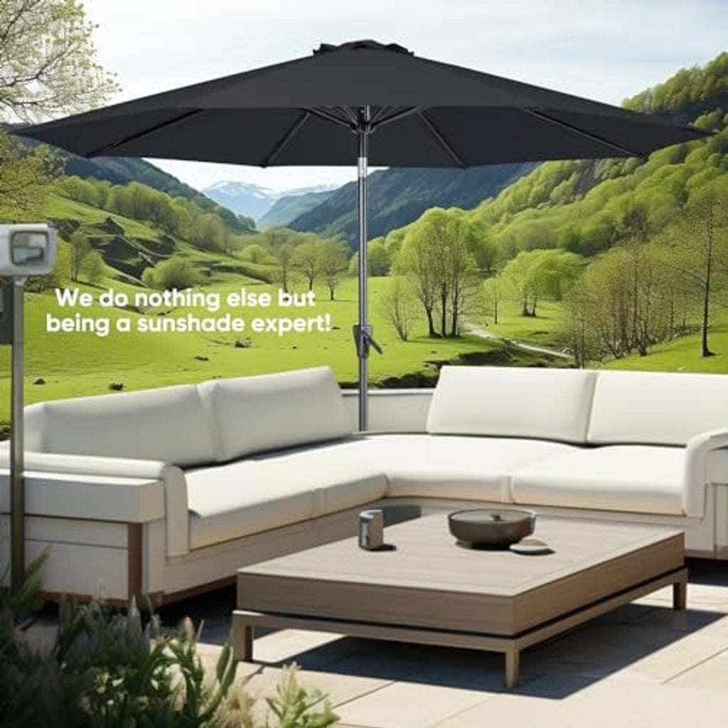 Open outdoor table umbrella with space grey canopy on tall center pole