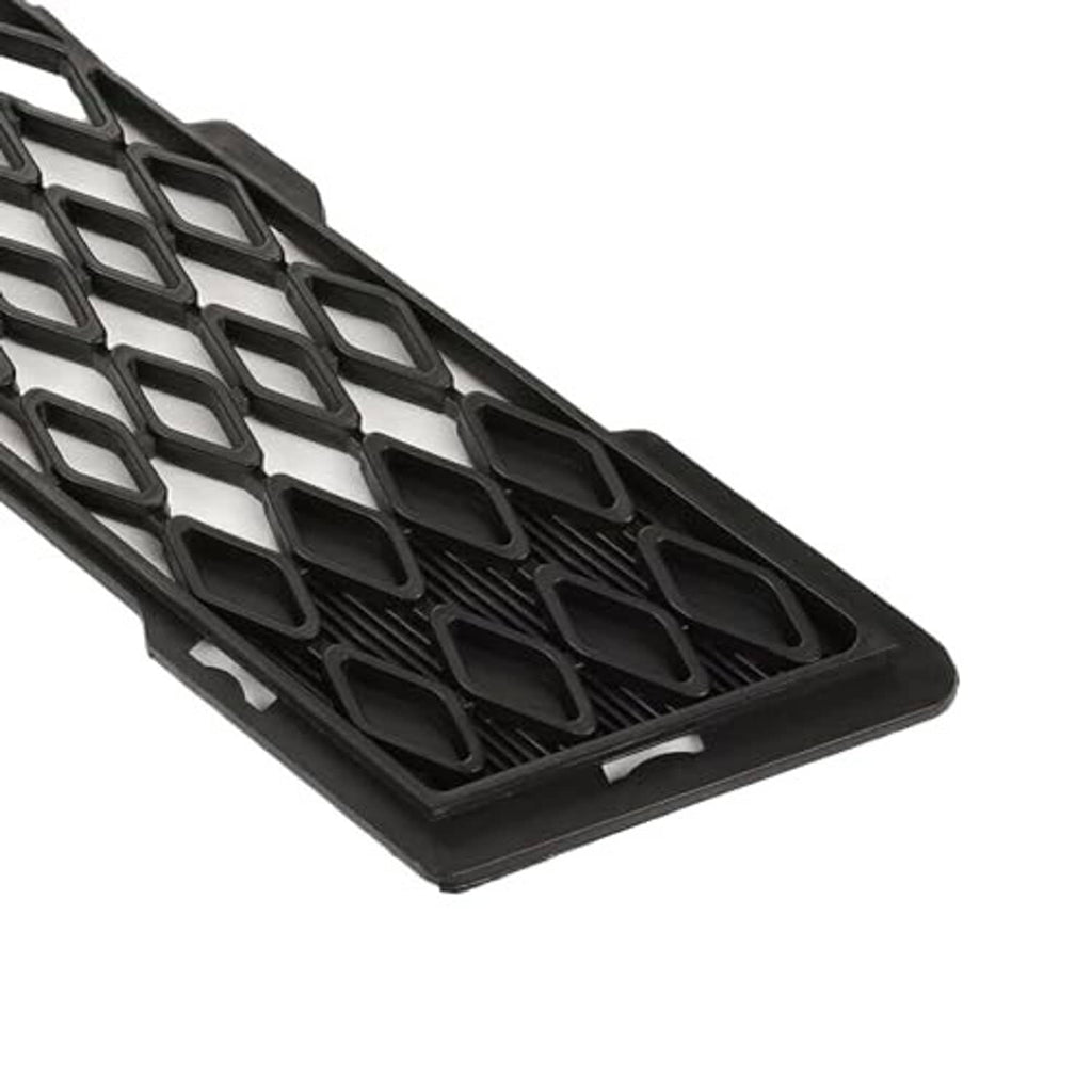 Black front bumper lower grille insert, diagonal close-up mesh texture