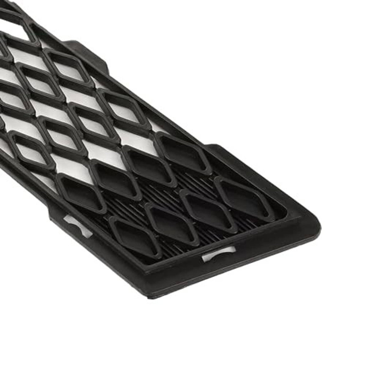 Black front bumper lower grille insert, diagonal close-up mesh texture