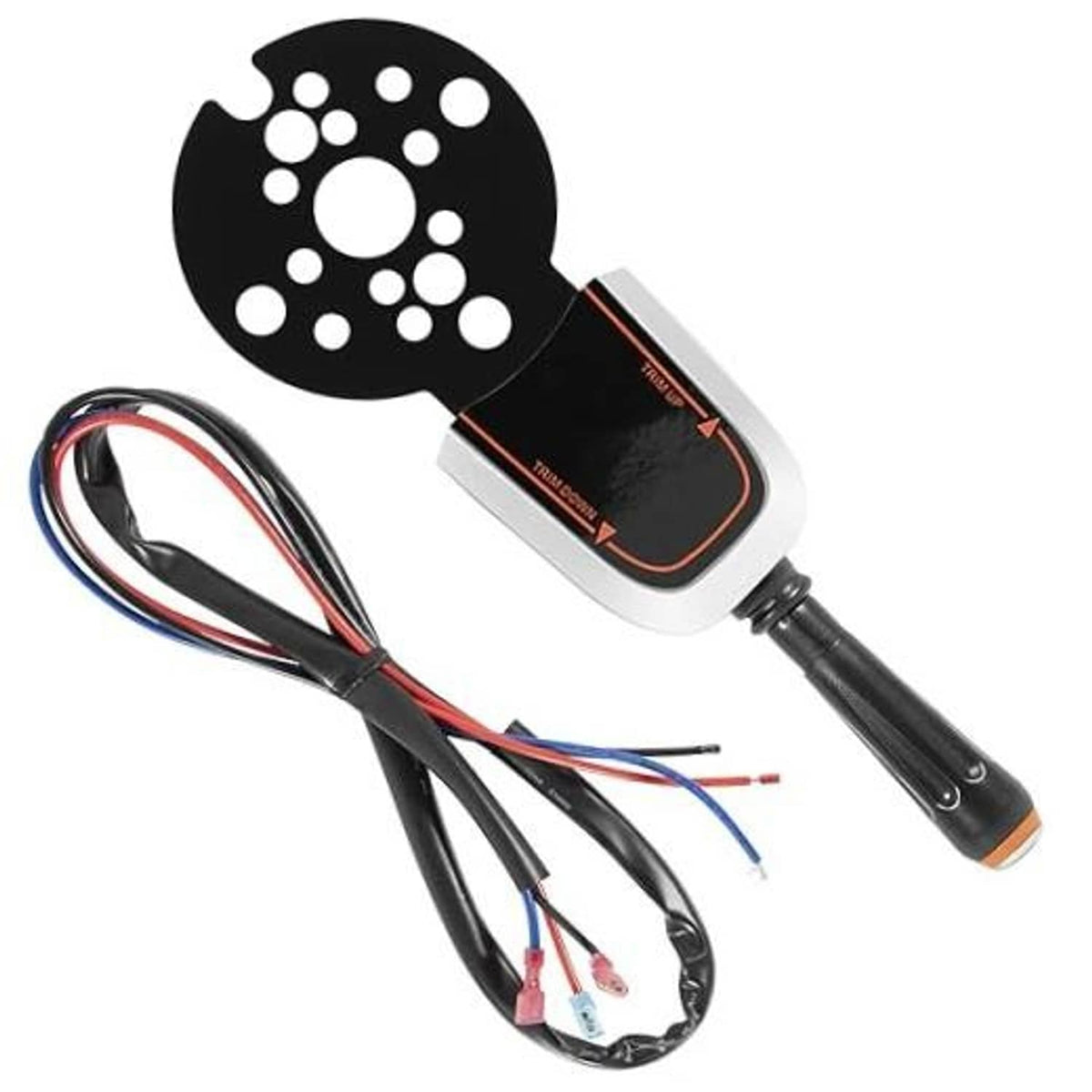Bezel control lever switch with black perforated bezel, gray housing, and wired harness