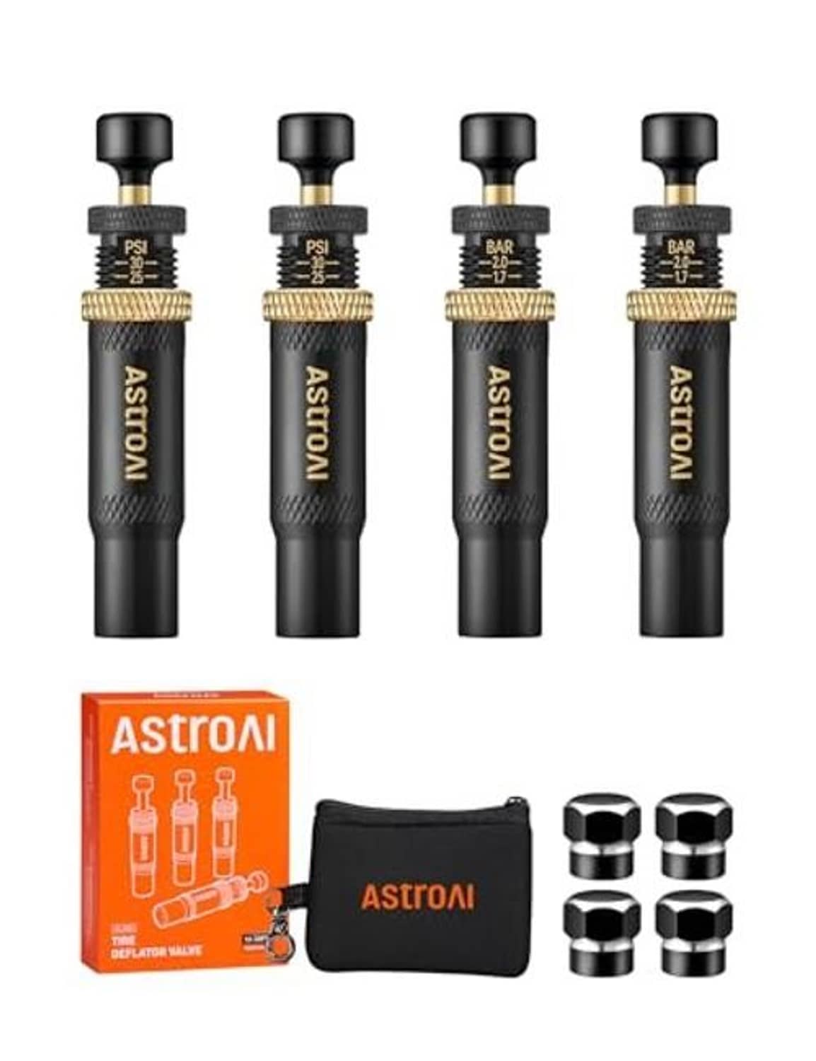 ASTROL 4-pack tire deflator tools with orange package, pouch, and valve caps