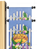 Black metal wall-mounted garden flag holder stand with 12x18 push-button clips